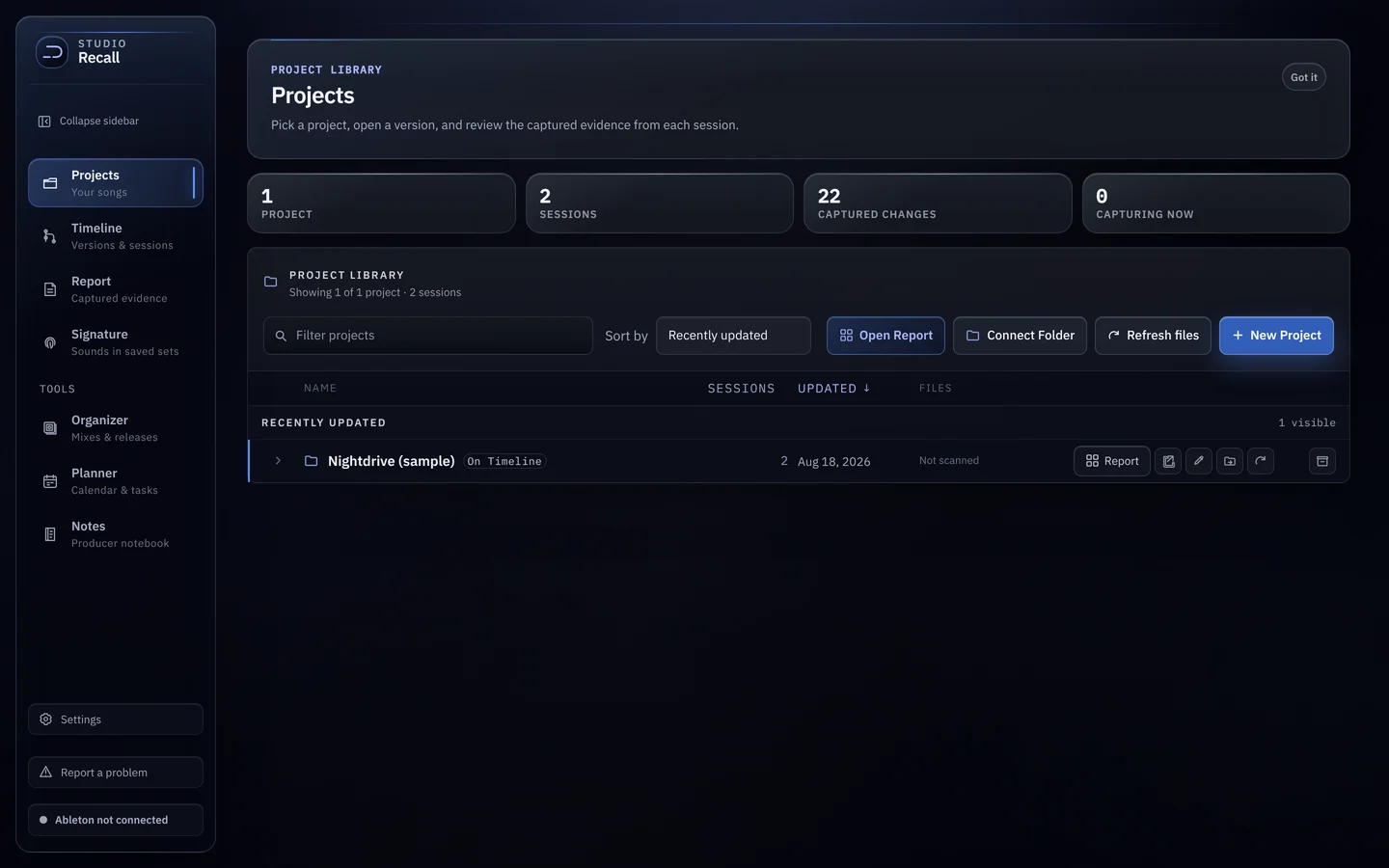 Recall’s Projects library with the sample song, its session count and when it was last updated