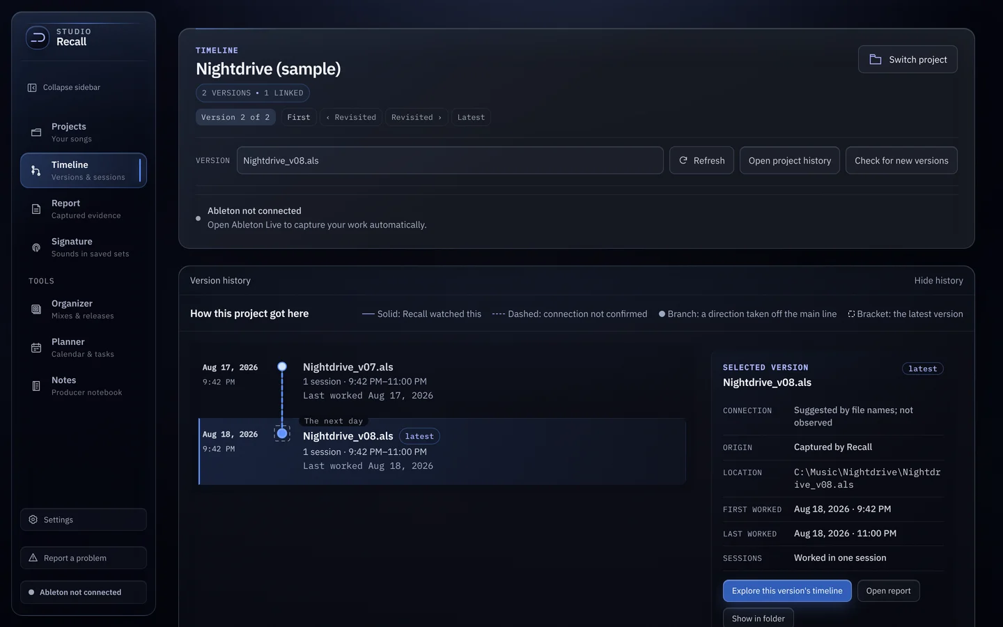 Recall’s Timeline for the sample project Nightdrive: two saved versions, Nightdrive_v07.als and Nightdrive_v08.als, on a line with their session times, and the selected version’s details on the right